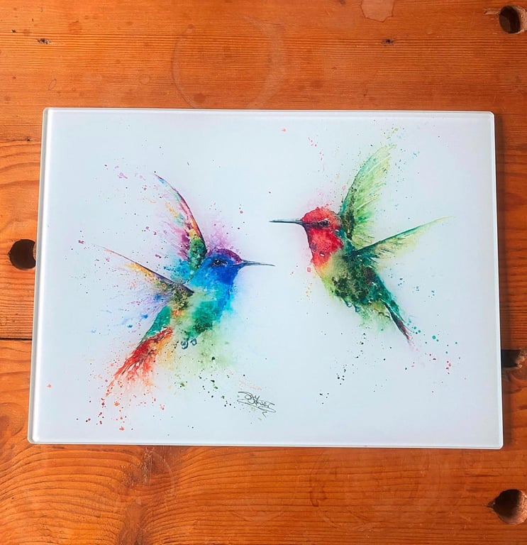 Hummingbirds Glass Chopping Board, Kitchen Worktop Saver, Table Mat, Cutting Mat