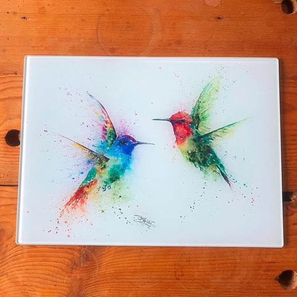 Hummingbirds Glass Chopping Board, Kitchen Worktop Saver, Table Mat, Cutting Mat