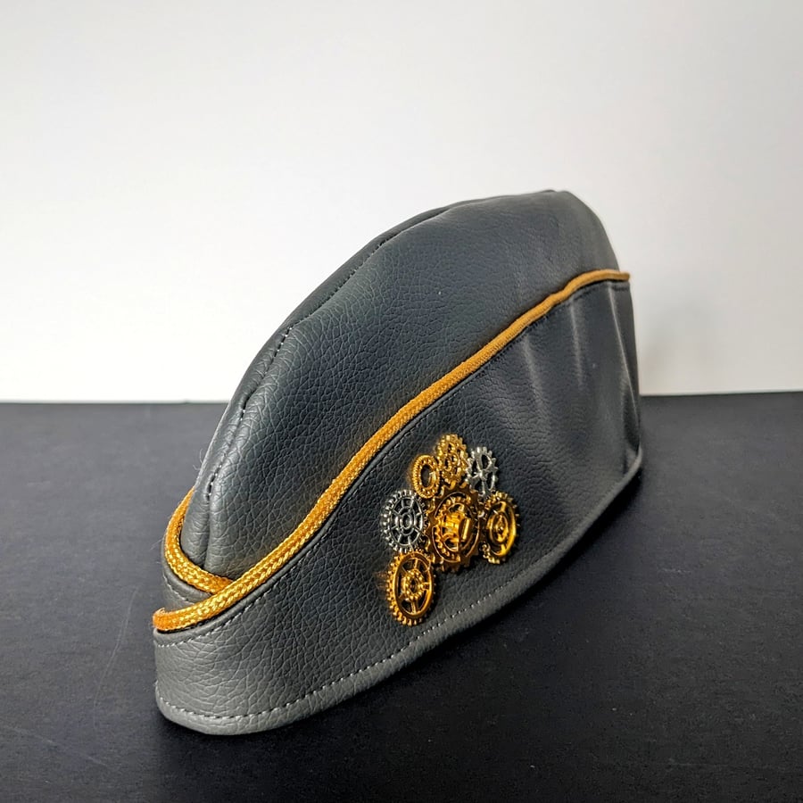 Grey Faux Leather Cosplay Gothic Steampunk Dieselpunk Fetish Side Garrison Hat