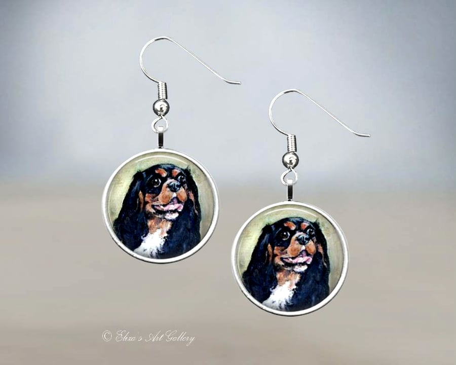 Silver Plated King Charles Spaniel Dog Art Earrings