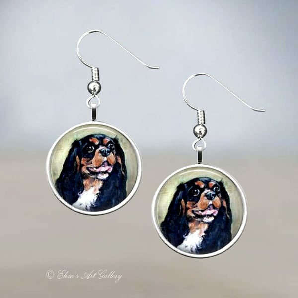 Silver Plated King Charles Spaniel Dog Art Earrings