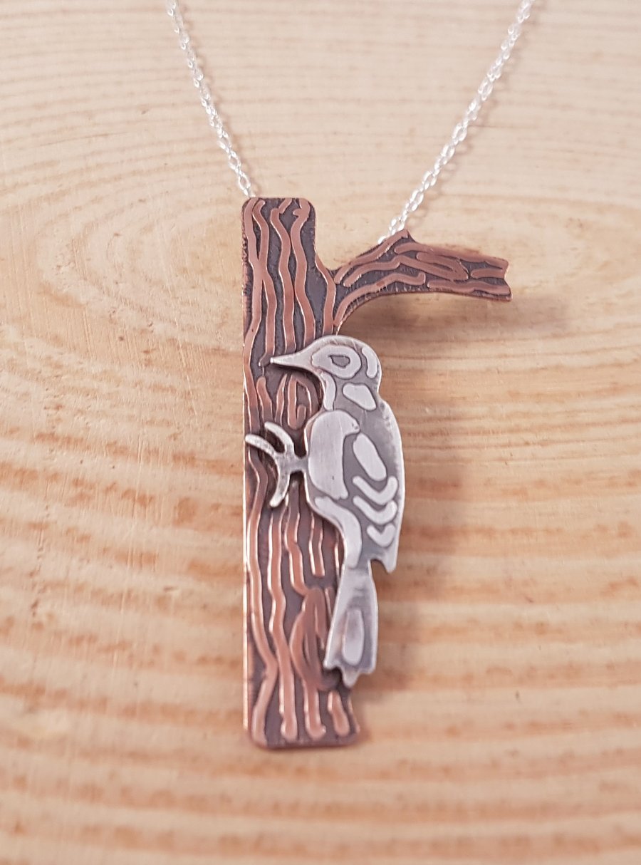 Sterling Silver and Copper Etched Woodpecker Necklace