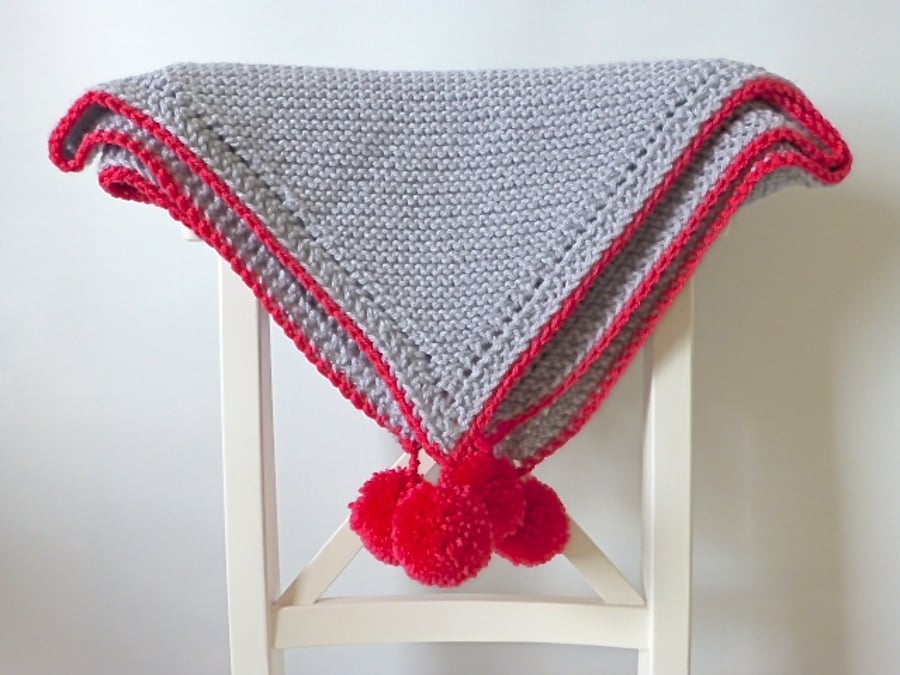 chunky knit blanket, grey and pink knitted blanket, blanket with pompoms