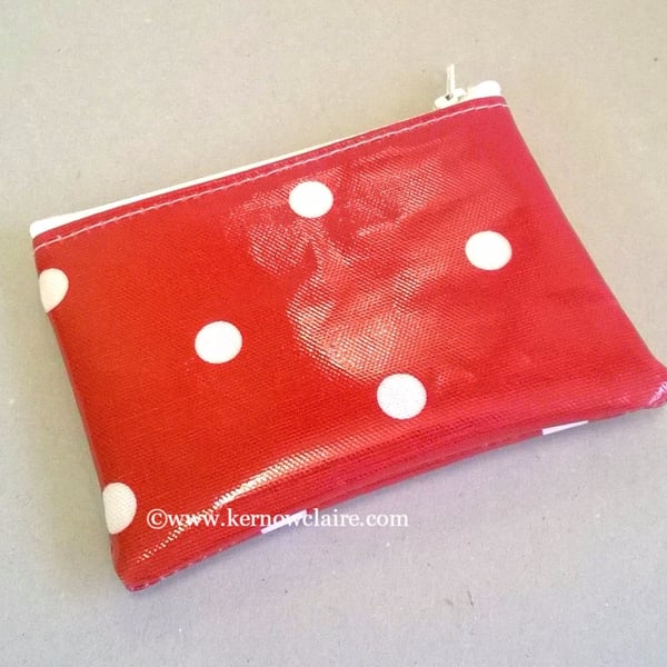 Red coin purse, handmade in oilcloth, fits cards, wipe clean,
