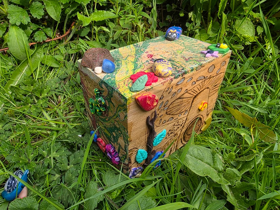 Hand decorated pyrography and polymer clay money box