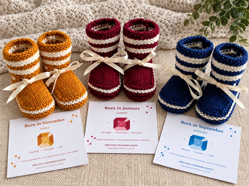Hand Knitted Birthstone Baby Booties & Keepsake Card – 0–9 Months