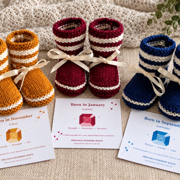 Hand Knitted Birthstone Baby Booties & Keepsake Card – 0–9 Months