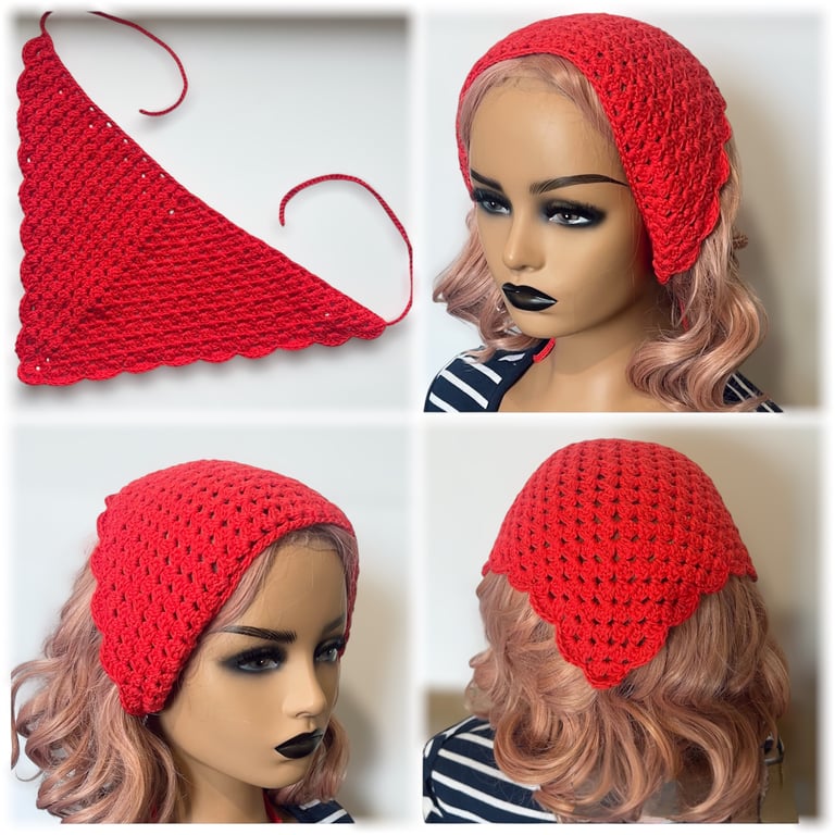 Cherry Red Crochet Hair Bandana - Cotton Triangle Headband