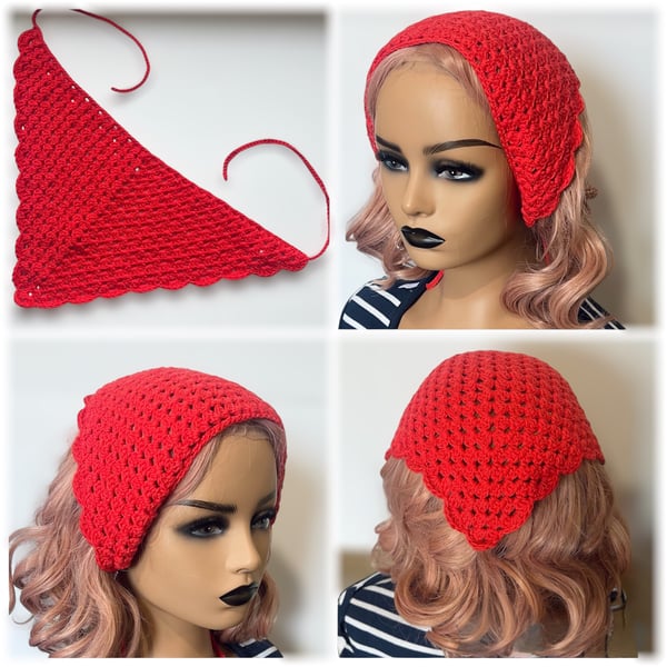 Cherry Red Crochet Hair Bandana - Cotton Triangle Headband