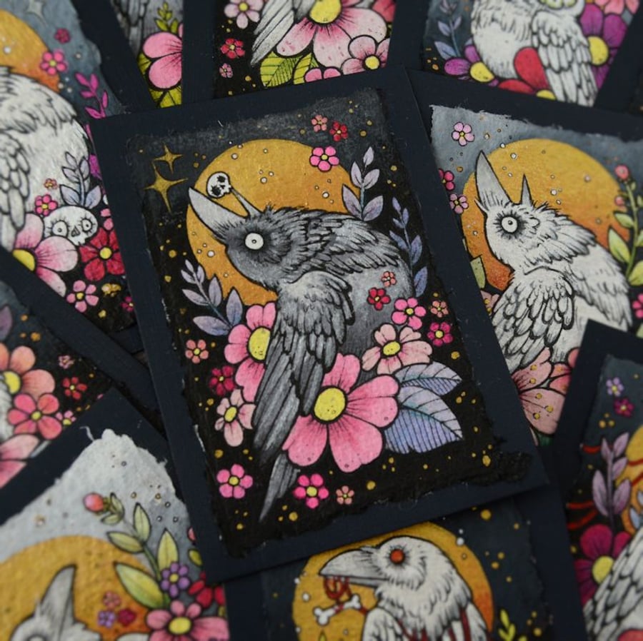 black crow in spring blossom - original aceo illustration