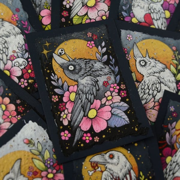 black crow in spring blossom - original aceo illustration
