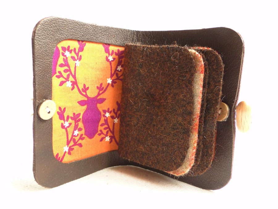 Stags Head Needle Case - Sewing Accessory - Brown Leather Needle Book 
