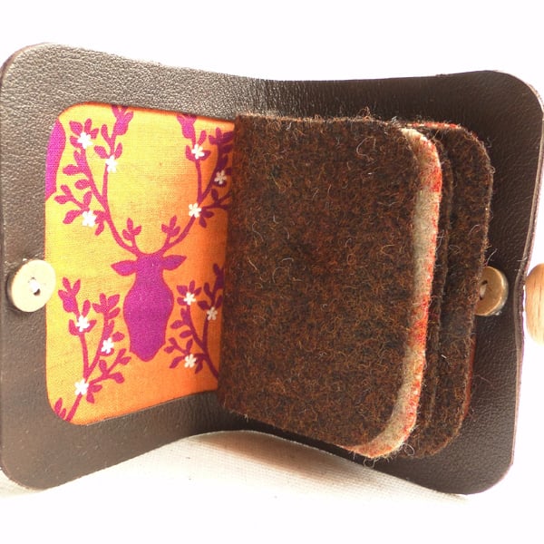 Stags Head Needle Case - Sewing Accessory - Brown Leather Needle Book 