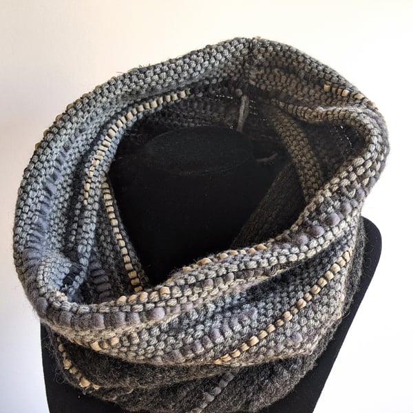 Handwoven snood, cowl converts into slouchy beanie hat. Grey shades