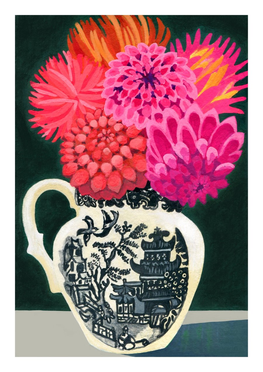 Dahlias in Willow Jug print by Susie Hamilton