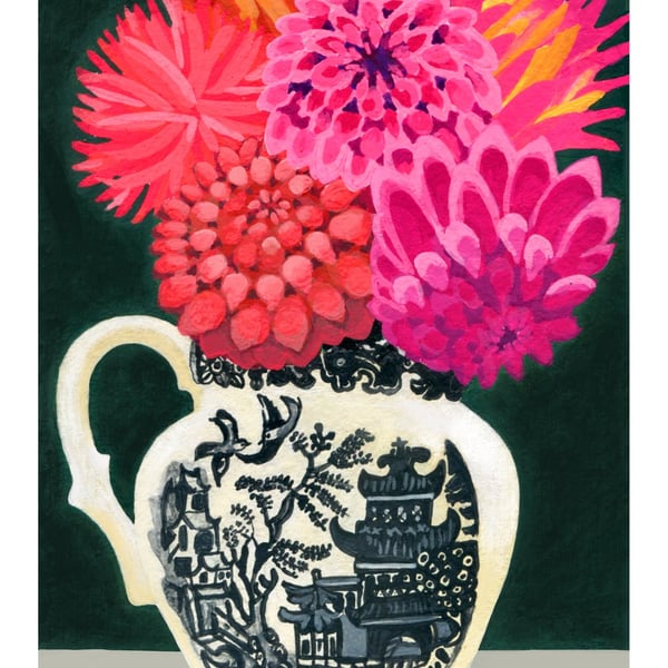 Dahlias in Willow Jug print by Susie Hamilton