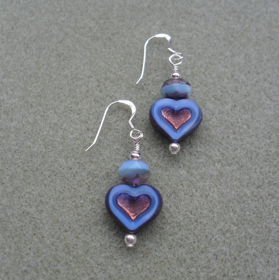 Blue Czech Glass Heart Earrings Sterling Silver