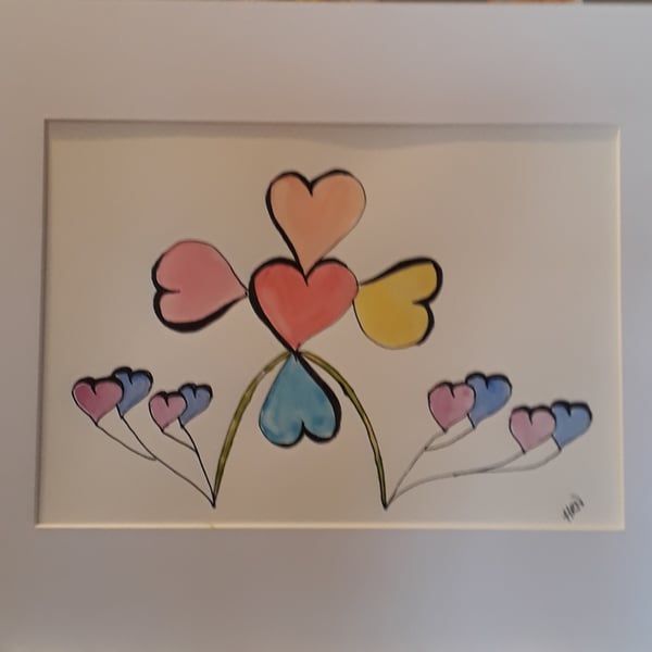 Hearts and Flowers, original pen and watercolour with mount ready to frame