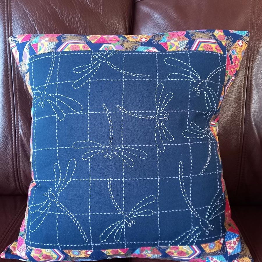 Japanese Dragonflies hand embroidered cushion