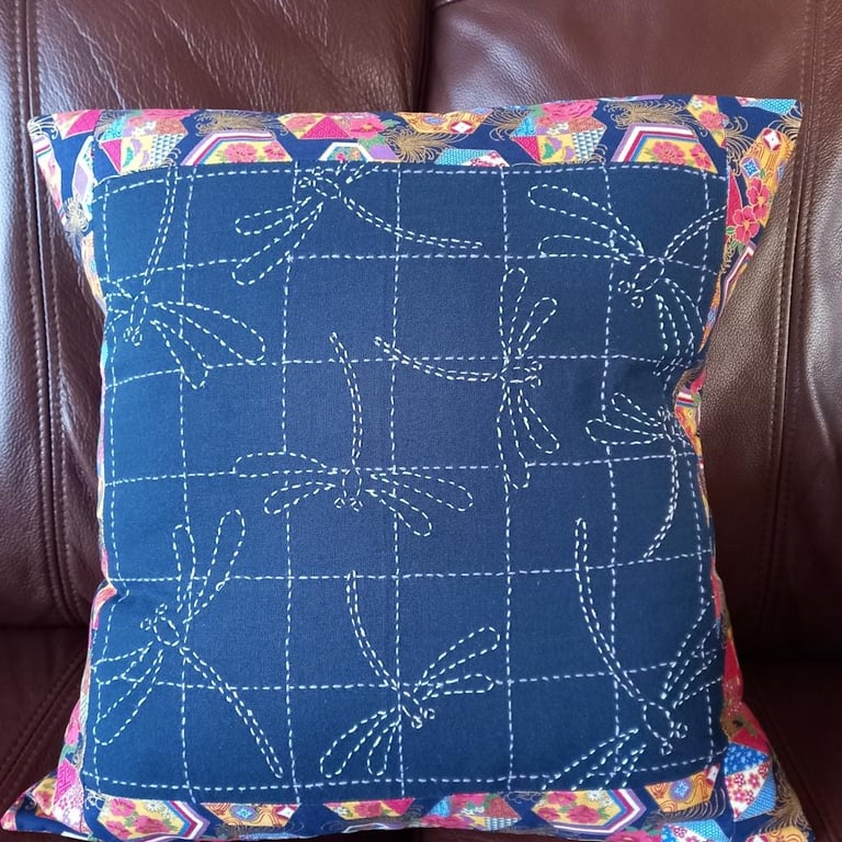 Japanese Dragonflies hand embroidered cushion