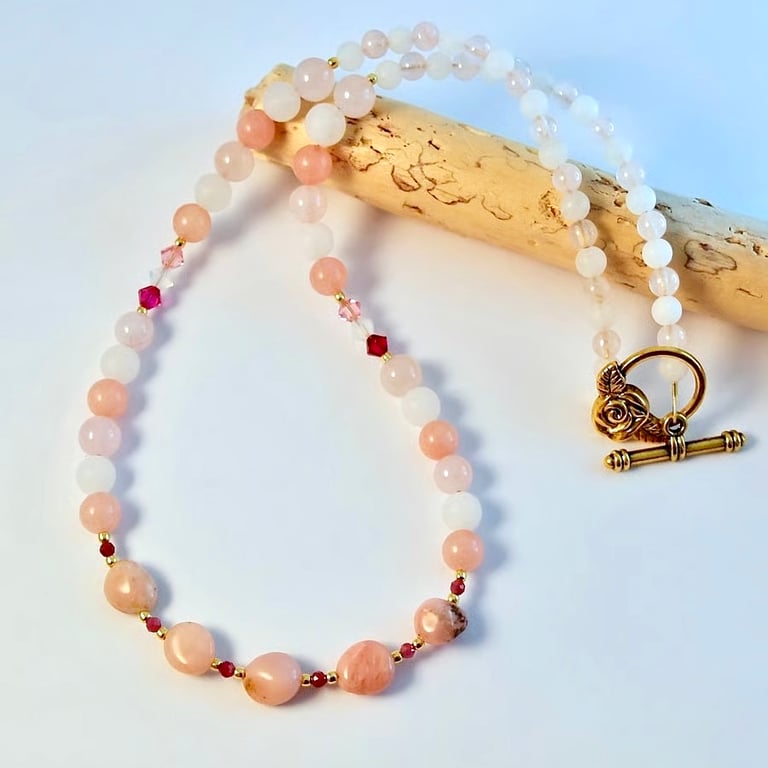 Pink Opal, Rose Quartz & White Jade Necklace With Faceted Tourmaline & Crystal
