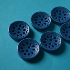 Wooden Pierced Flower Buttons Denim Blue 6pk Button 18mm (P5)