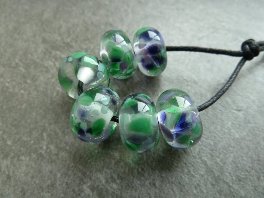 lampwork glass beads, green and purple frit