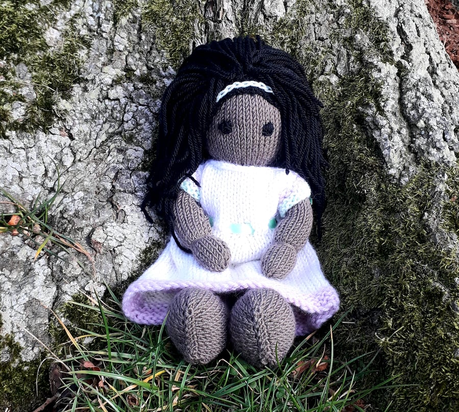 Doll. 12" Hand Knitted Doll Black African Doll Made in Wool With Removable Dress