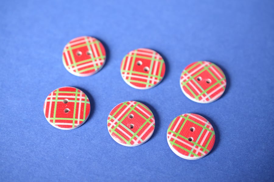 Wooden Red Green Pink Tartan Buttons Check Plaid 6pk 20mm (MZ9)