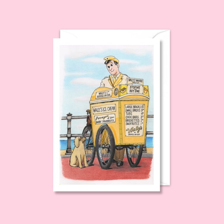 Seaside Greeting Card: Pencil Illustration of an Ice Cream Man and a Dog (810)