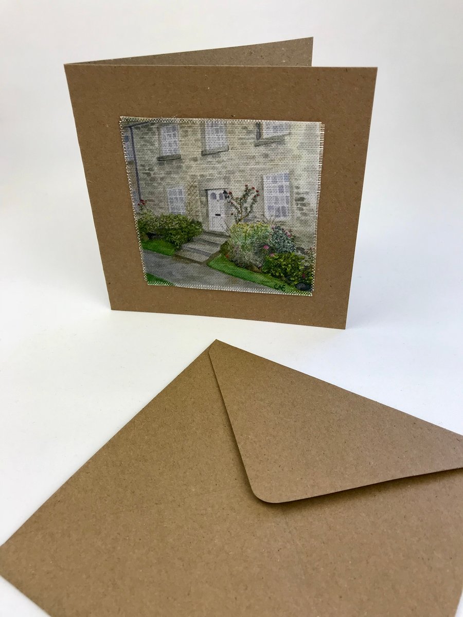 English Cottage watercolour textile greetings card