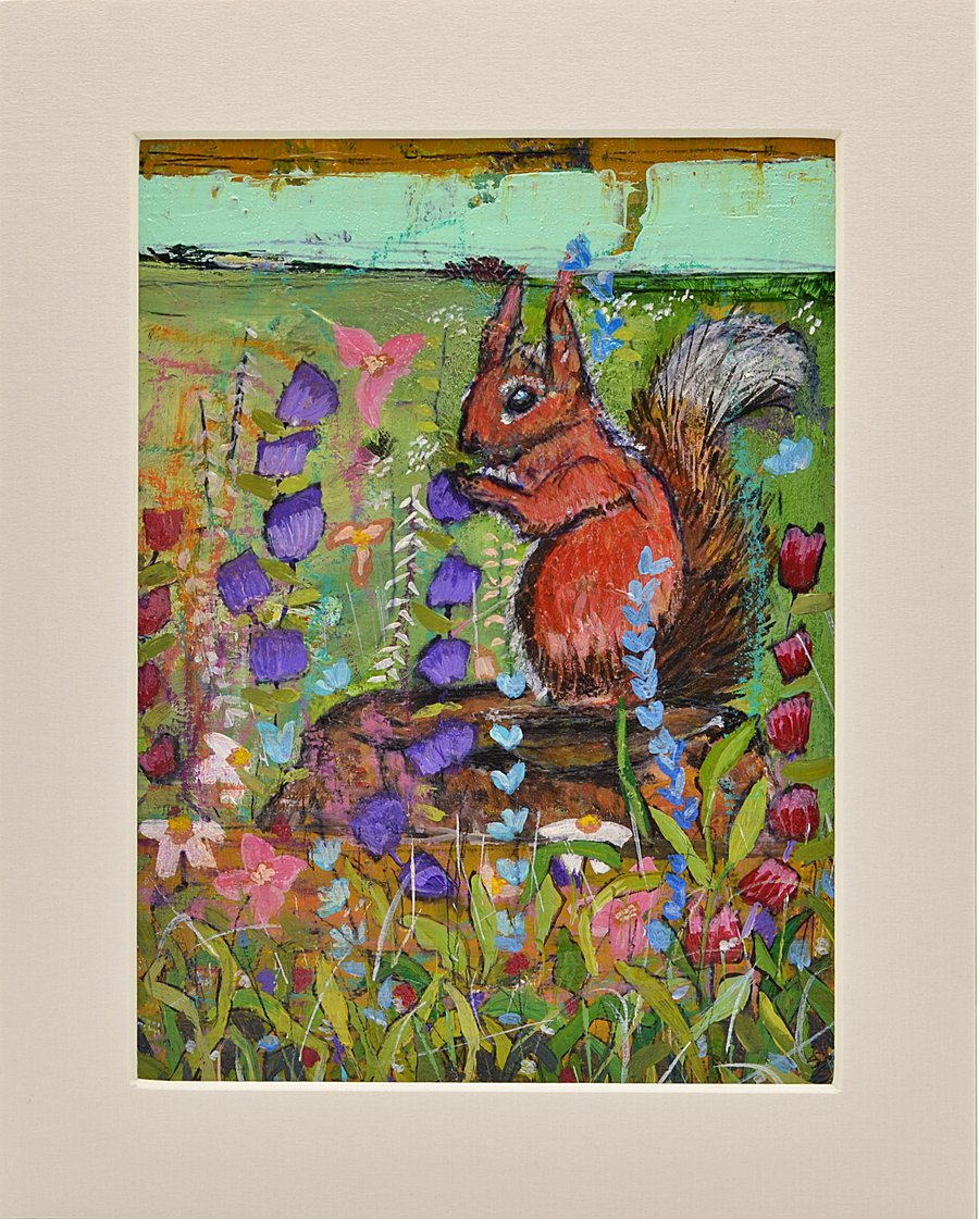Original Painting of a Red Squirrel and Flowers (10 x 8 inches)