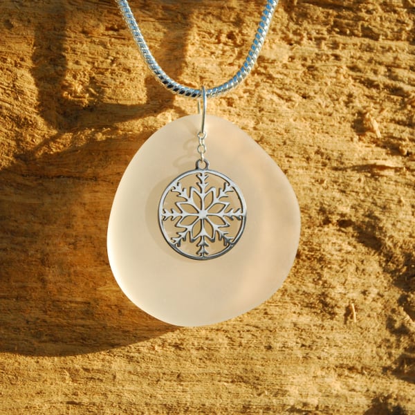 Large beach glass pendant with snowflake charm