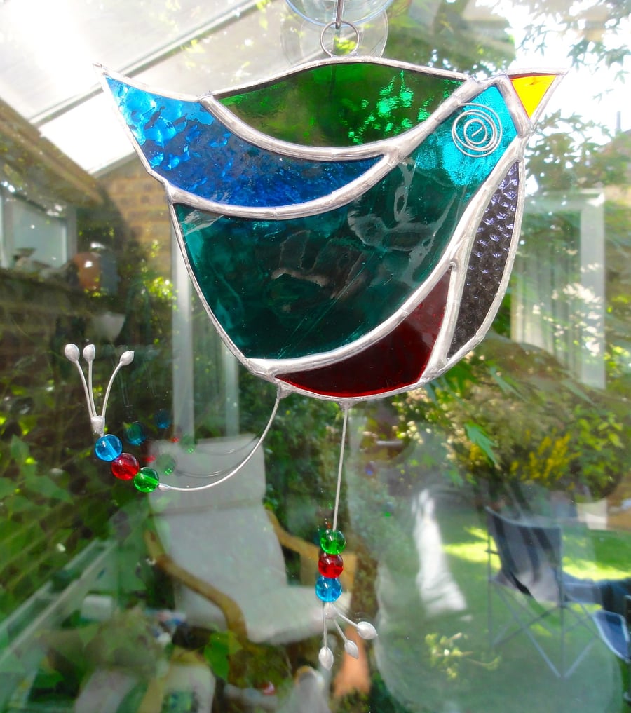 Stained Glass Funky Bird Suncatcher  - Multi Coloured
