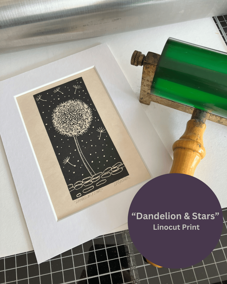 Lino Print - "Dandelion & Stars"