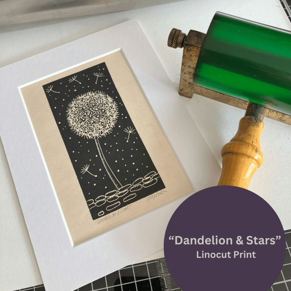 Lino Print - "Dandelion & Stars"