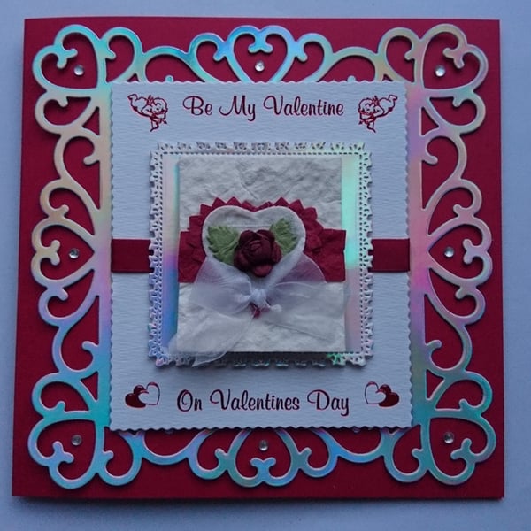 Be My Valentine on Valentine's Day Red Rose 3D Luxury Handmade Card