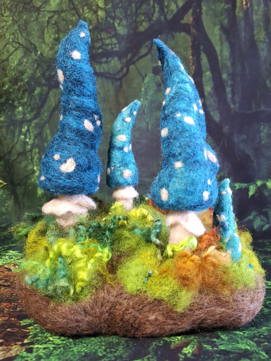 Piece of Enchanted Woodland. Needle Felted with Wool Fibres. Blue Toadstools. 