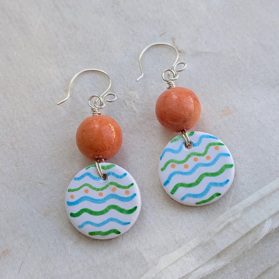 Image of Painted green and blue polymer clay, coral jade and sterling silver earrings