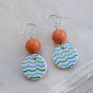 Painted green and blue polymer clay, coral jade and sterling silver earrings