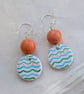 Painted green and blue polymer clay, coral jade and sterling silver earrings