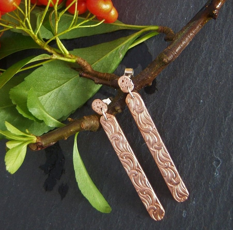 Dangly earrings in etched copper