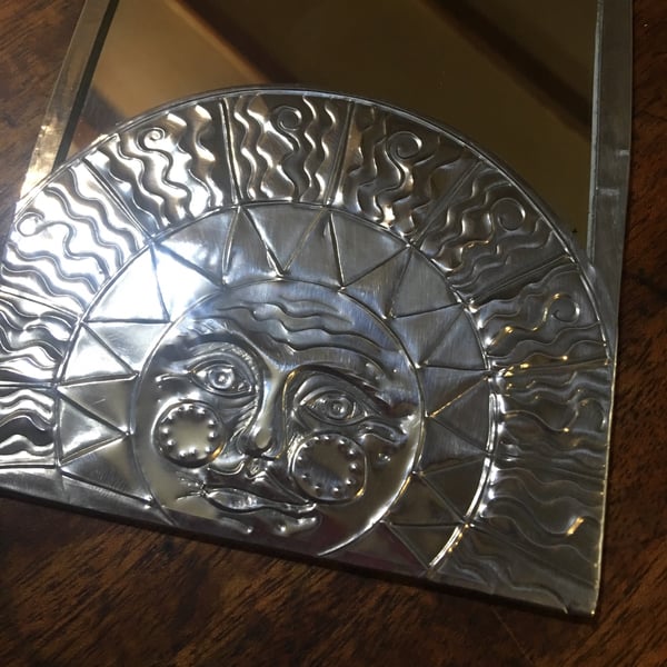Pewter Sun mirror. Iconic sun design, benevolent sun face, shining with all his 