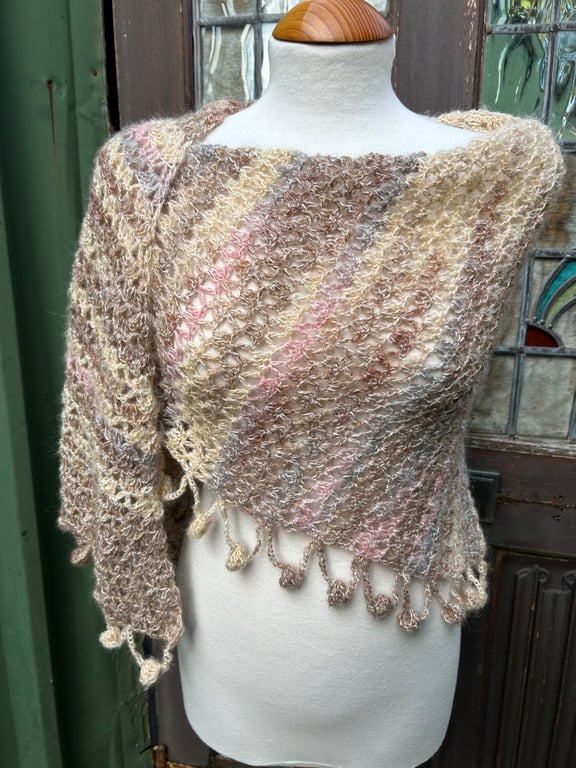 Mohair Handmade Asymmetrical Triangle Lace Shawl in Soft Pastel Colours
