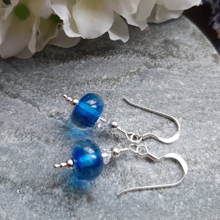 Sterling Silver Handmade Blue Lampwork Glass and Crystal Earrings