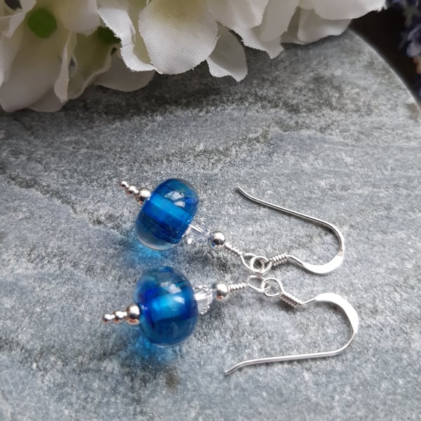 Sterling Silver Handmade Blue Lampwork Glass and Crystal Earrings