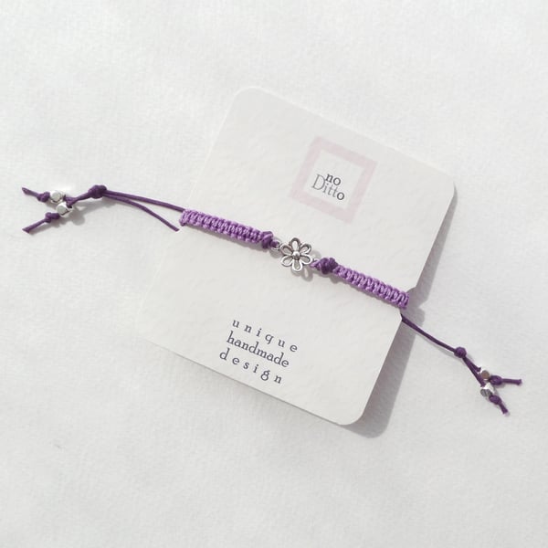 Daisy Cotton Bracelet, Tibetan Silver, Purple Macramé  Adjustable