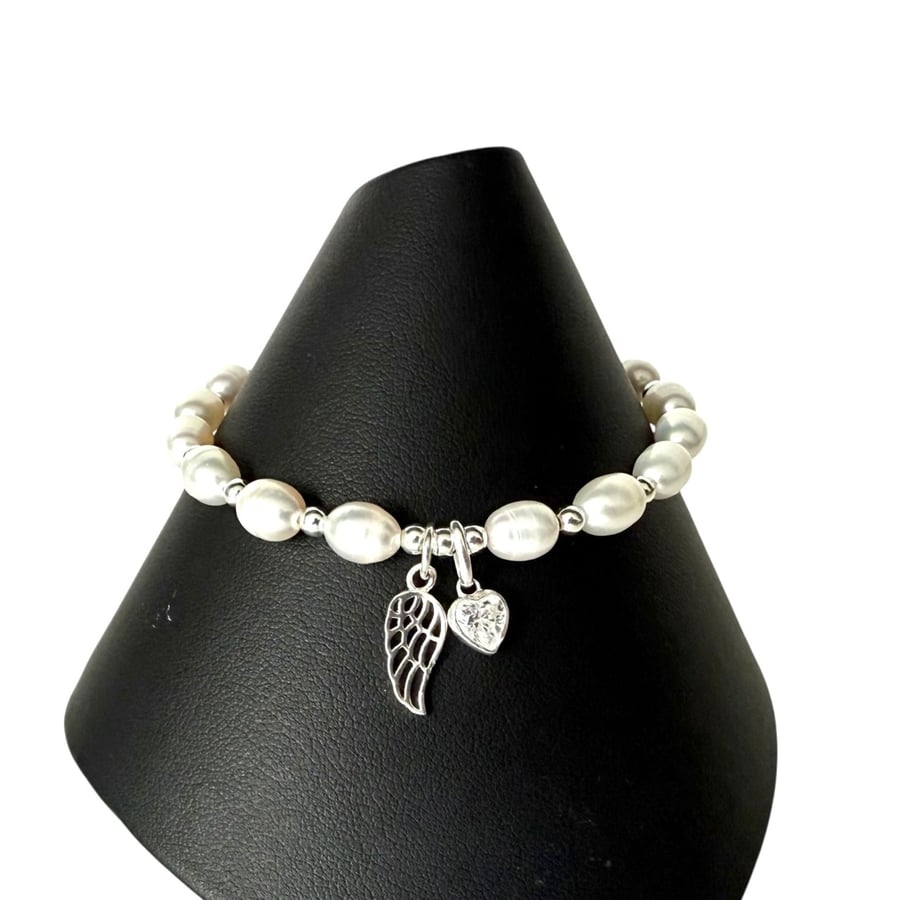 White Pearl & Sterling Silver Angel Wing Bracelet with CZ Heart – Adjustable Mem