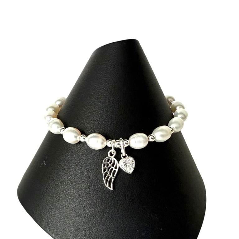 White Pearl & Sterling Silver Angel Wing Bracelet with CZ Heart – Adjustable Mem