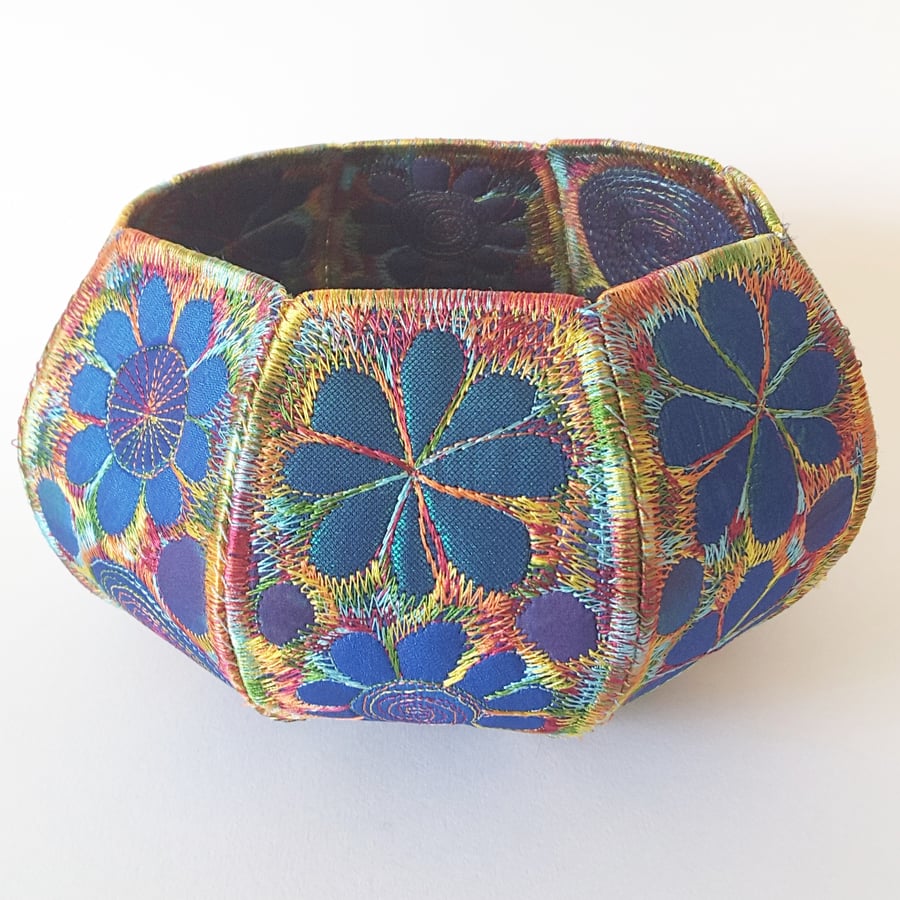 Textile Bowl in Jewel Like Colours Free Machine Embroidery Vibrant Botanical